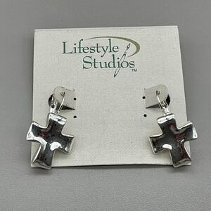 Lifestyle Studios Earrings Silver Tone Cross Dangle Drop Womens Religious 1"